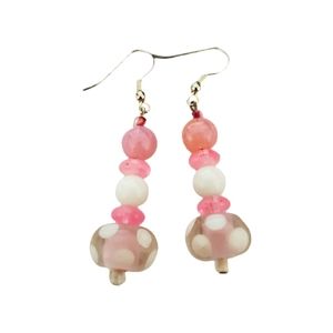 Fashion Jewelry Fused Art Glass Beaded Drop Dangles Earrings Pink White